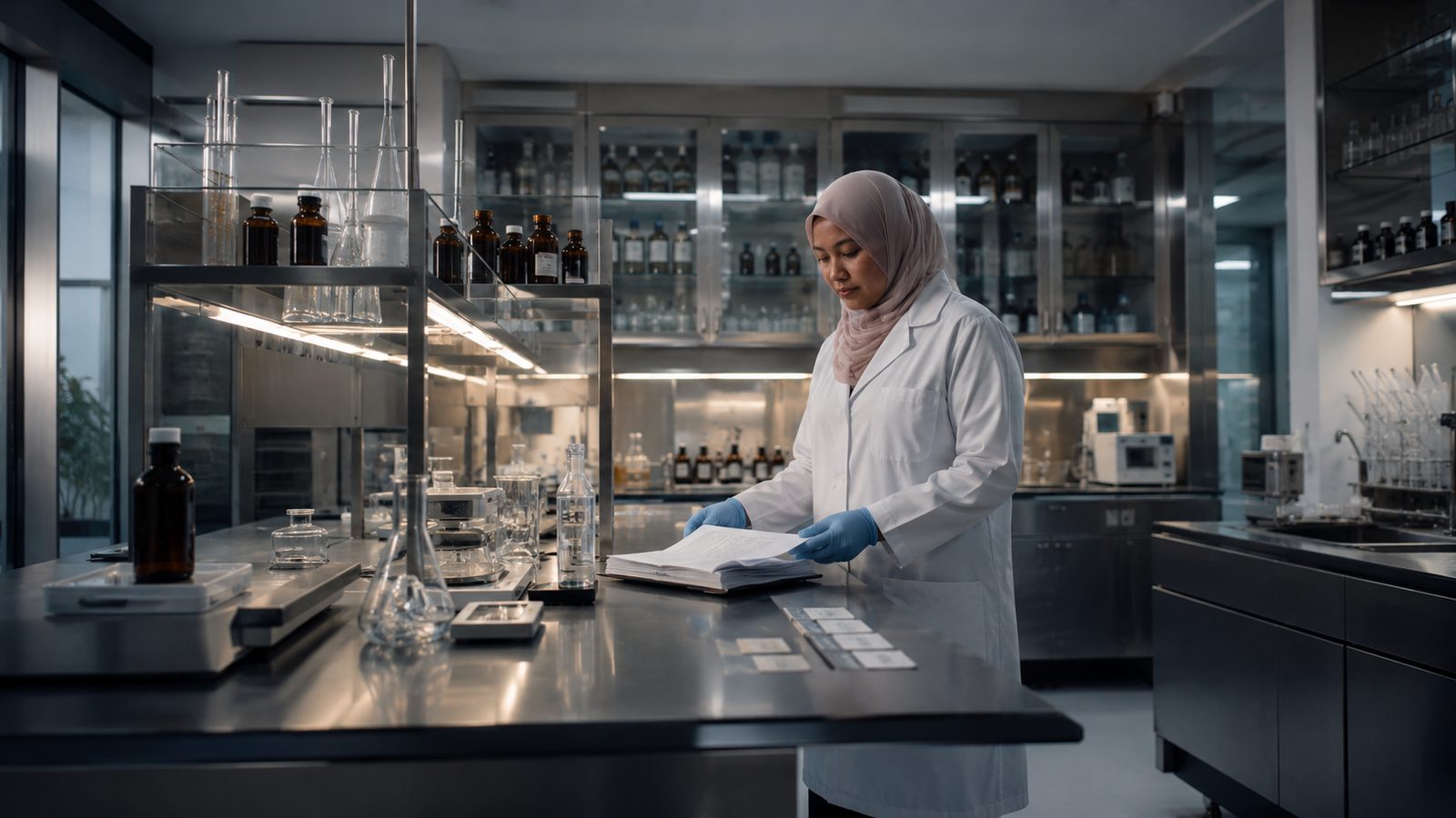 A woman in a white laboratory coat and pale hijab reviews records at a stainless-steel bench in a modern laboratory.