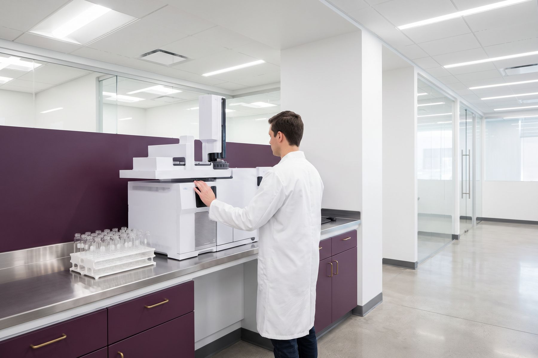 A person in a white laboratory coat operating an analytical instrument beside a rack of empty vials.