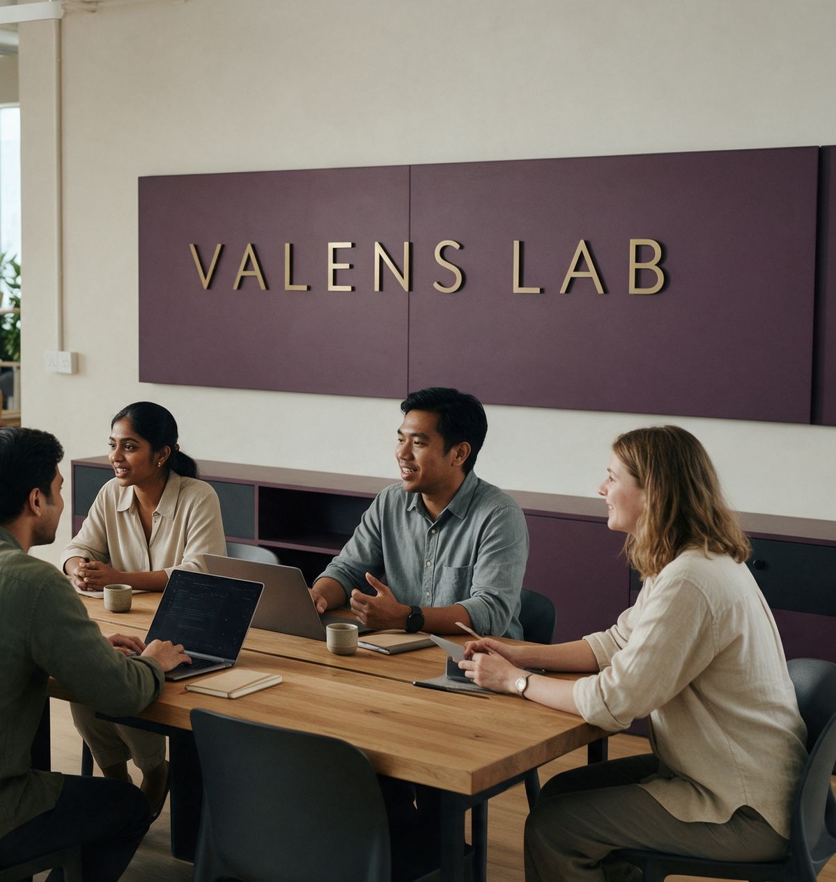 Six colleagues in an open plan Kuala Lumpur office talking around a shared desk, under a plum wall panel with the VALENS LAB wordmark in brass letters.